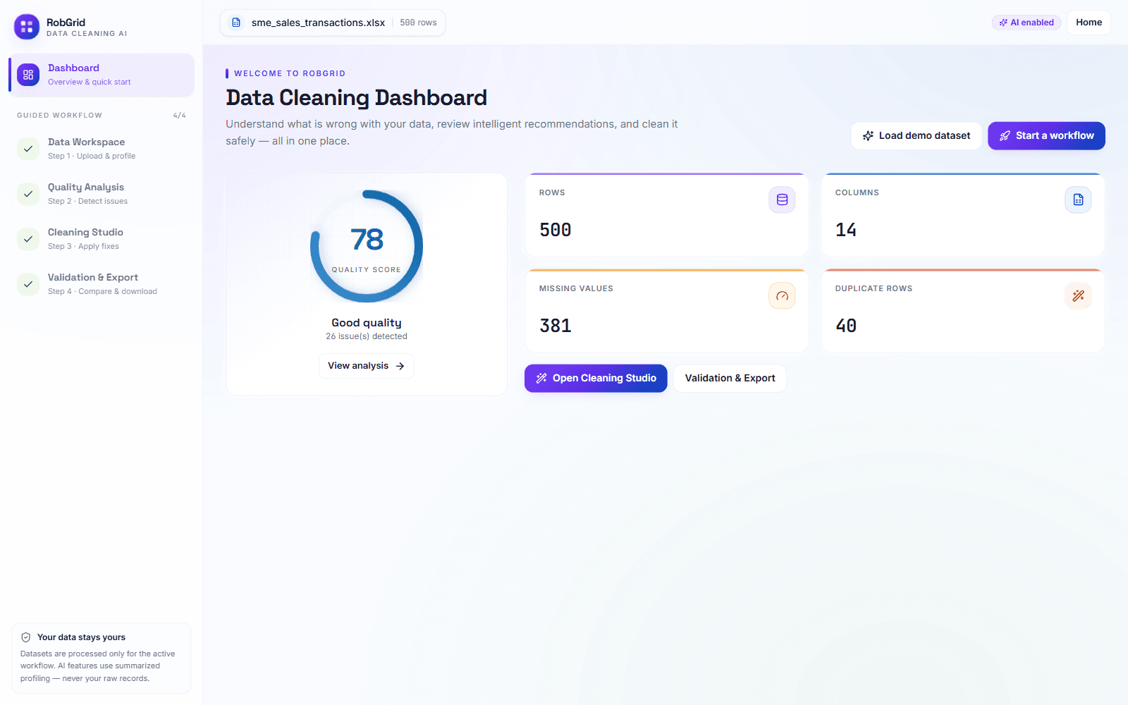 Dashboard — one-glance overview of the active dataset with quick entry points into the guided workflow