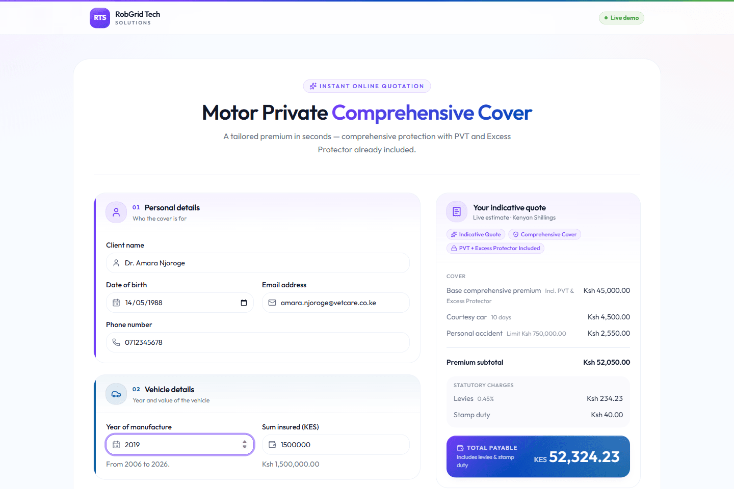 Motor calculator showing a live indicative quote on desktop