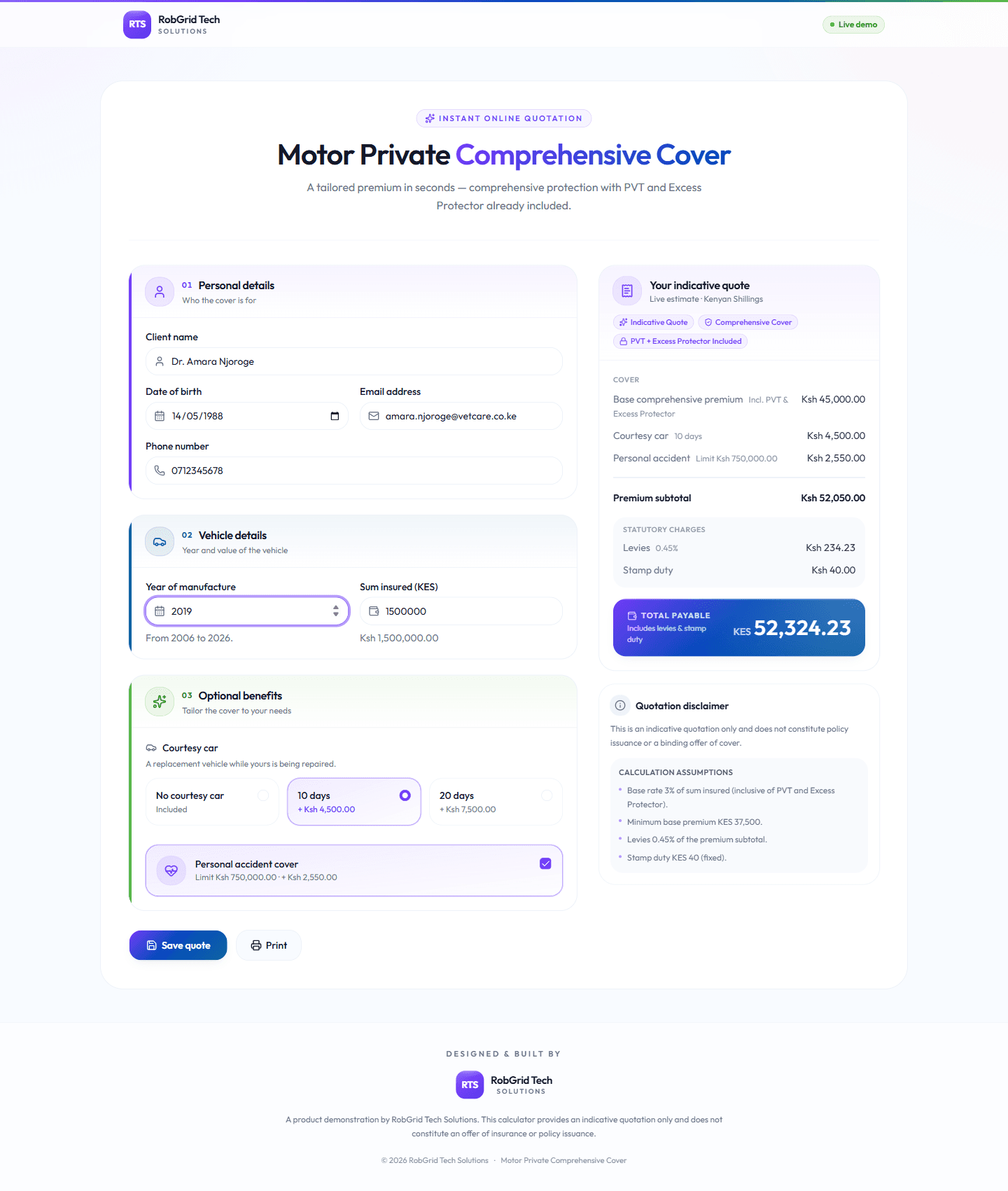 Full motor calculator page — personal, vehicle and optional-benefit inputs beside the live quote panel