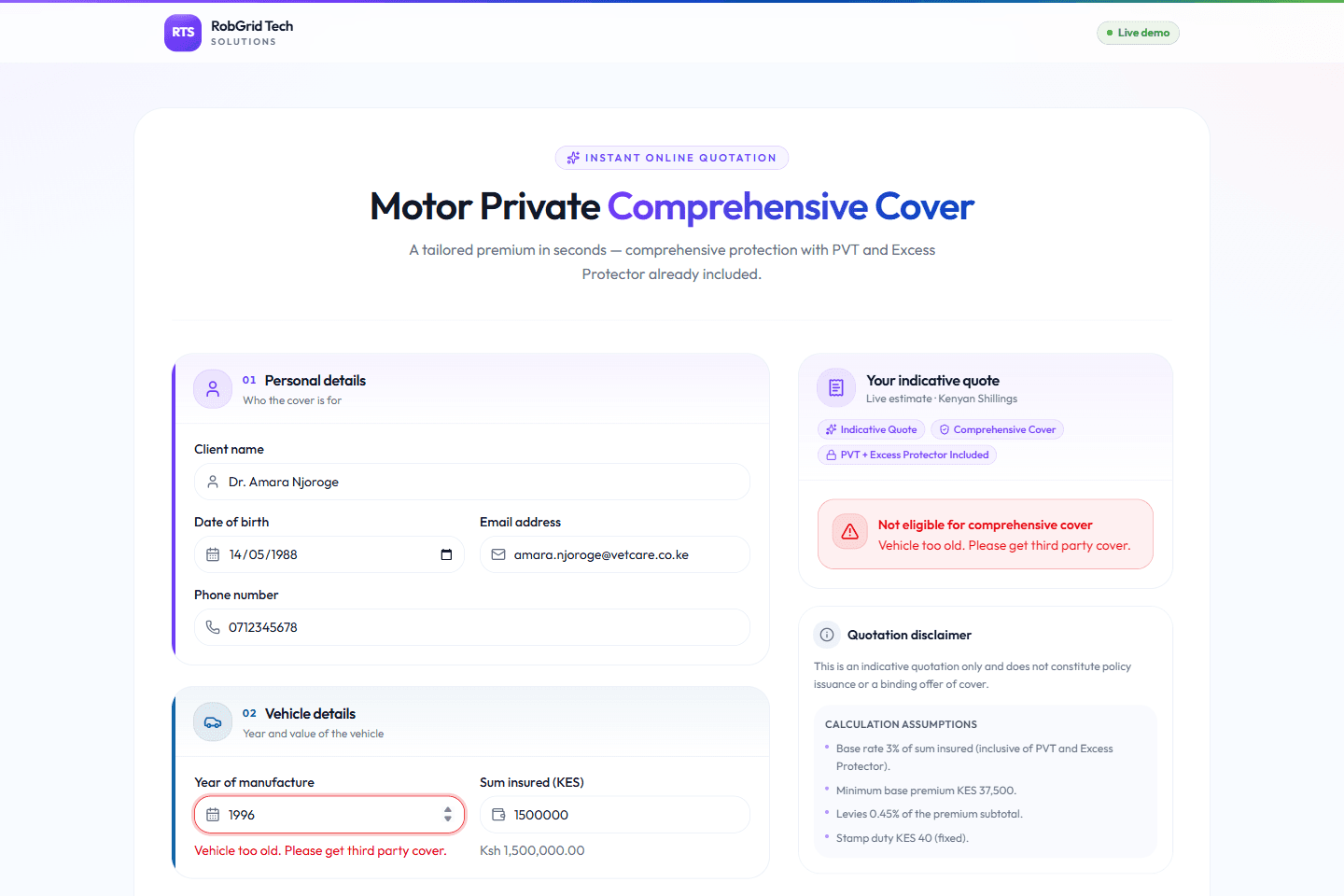 Eligibility validation catching an out-of-range input before pricing